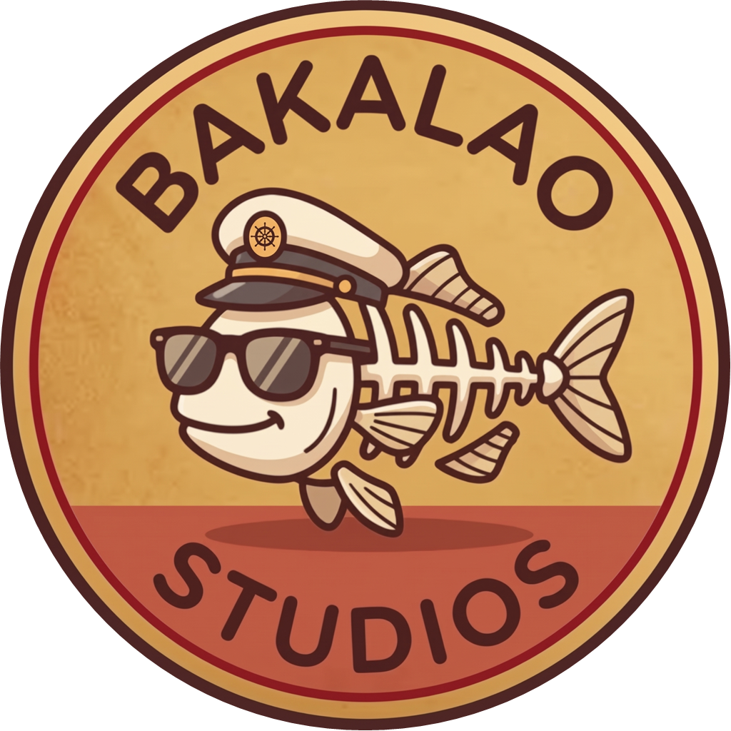 Isologo de BakalAO Studios: una raspa de bacalao con gorra de capitán y gafas de sol